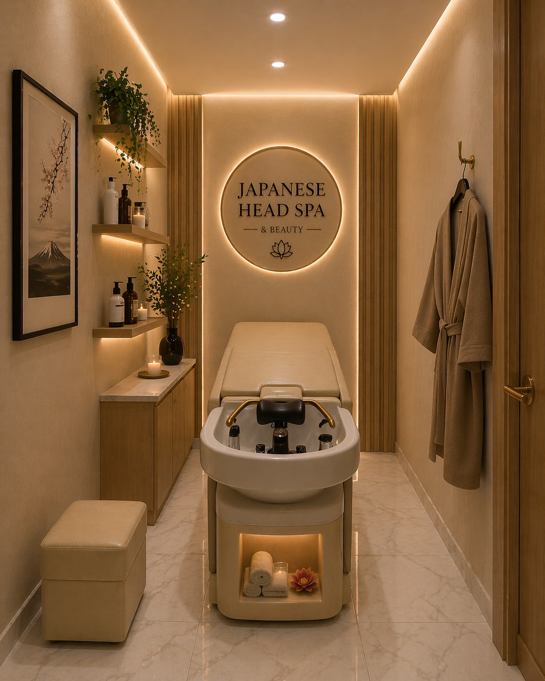 Newbyaan Japanese head spa treatment room with reclined chair and soft warm lighting