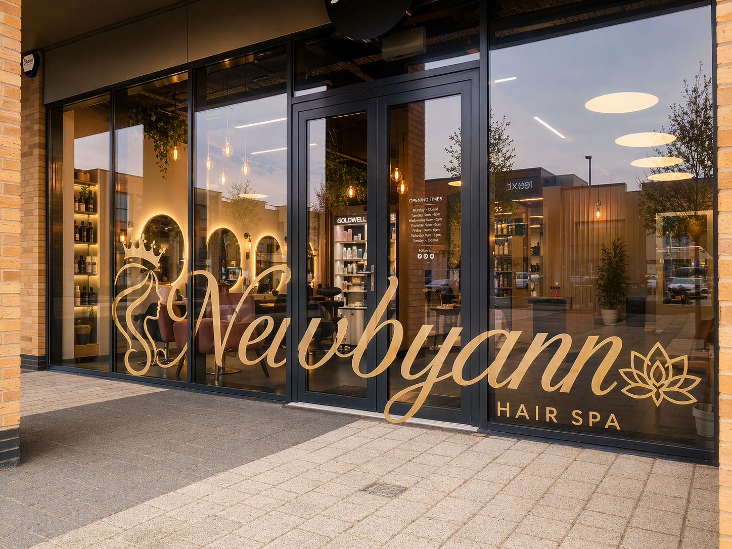Newbyaan Hair Spa storefront at dusk