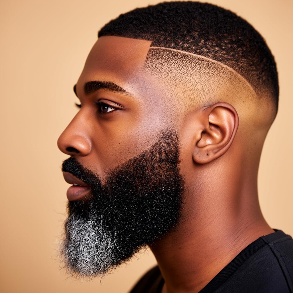 Side profile of a sculpted beard with crisp line-up and subtle grey blending