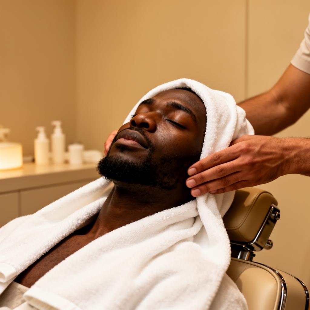 Man relaxing with a warm white hot towel during a facial treatment at Newbyaan