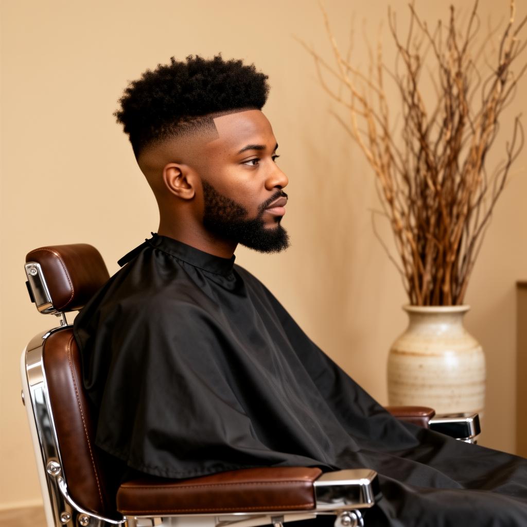 Modern gentleman seated in a luxury barber chair after a fresh skin fade at Newbyaan